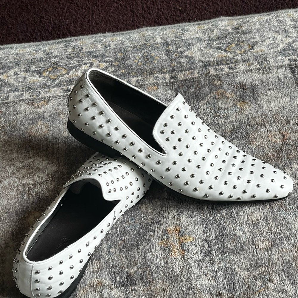 White Studded Leather Slip-On Loafers